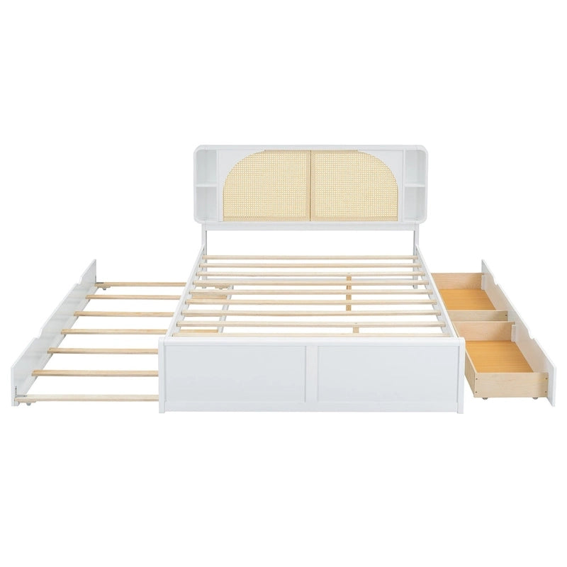 Lit plateforme Queen Size avec tête de lit en rotin, 2 tiroirs et lit gigogne, cadre de lit en bois avec étagères