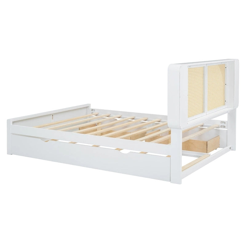 Lit plateforme Queen Size avec tête de lit en rotin, 2 tiroirs et lit gigogne, cadre de lit en bois avec étagères
