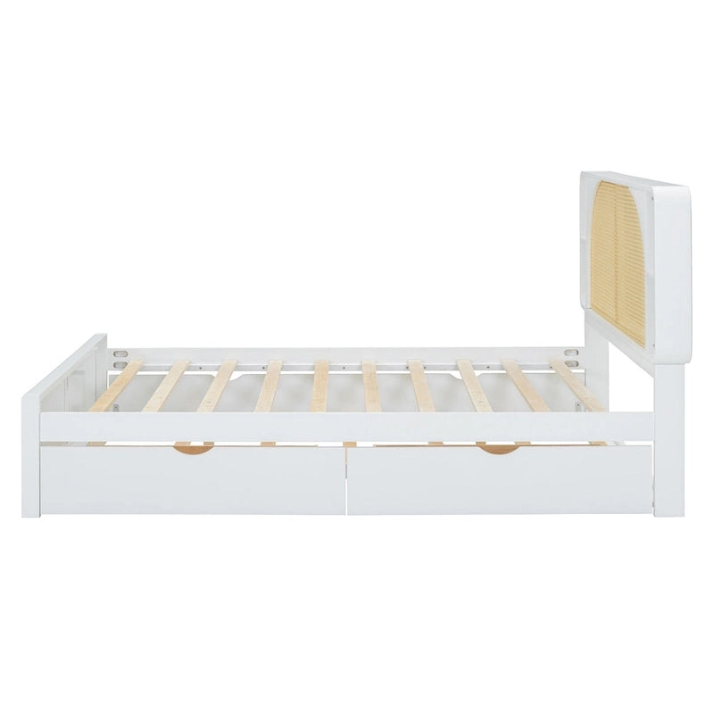 Lit plateforme Queen Size avec tête de lit en rotin, 2 tiroirs et lit gigogne, cadre de lit en bois avec étagères
