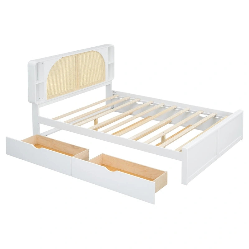 Lit plateforme Queen Size avec tête de lit en rotin, 2 tiroirs et lit gigogne, cadre de lit en bois avec étagères