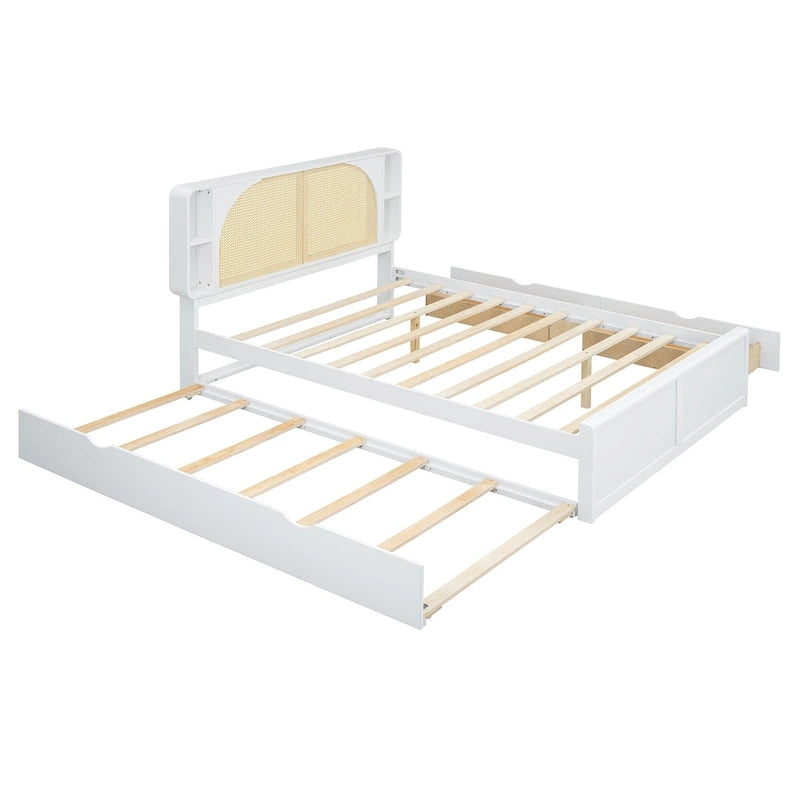 Lit plateforme Queen Size avec tête de lit en rotin, 2 tiroirs et lit gigogne, cadre de lit en bois avec étagères
