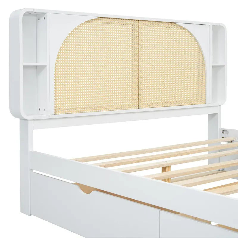 Lit plateforme Queen Size avec tête de lit en rotin, 2 tiroirs et lit gigogne, cadre de lit en bois avec étagères