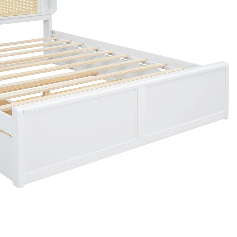 Lit plateforme Queen Size avec tête de lit en rotin, 2 tiroirs et lit gigogne, cadre de lit en bois avec étagères
