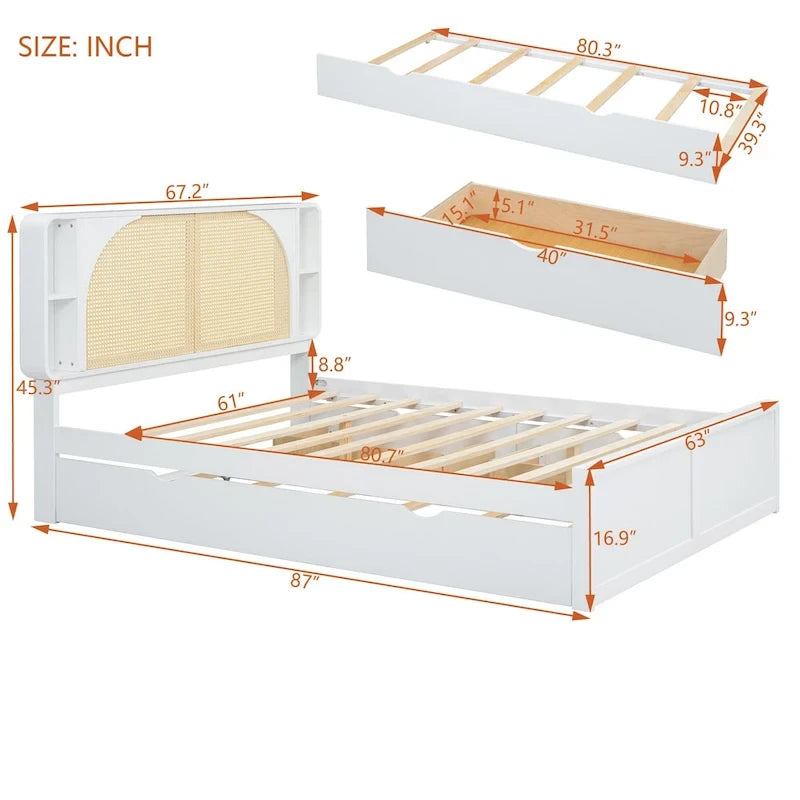 Lit plateforme Queen Size avec tête de lit en rotin, 2 tiroirs et lit gigogne, cadre de lit en bois avec étagères