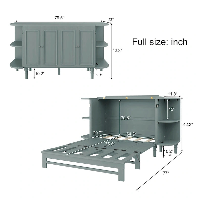 Lit escamotable de ferme, lit pliant plateforme, lit escamotable convertible de style commode/cube avec étagères incurvées et station de recharge
