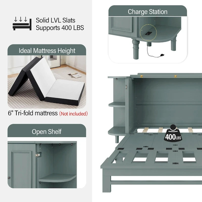 Lit escamotable de ferme, lit pliant plateforme, lit escamotable convertible de style commode/cube avec étagères incurvées et station de recharge