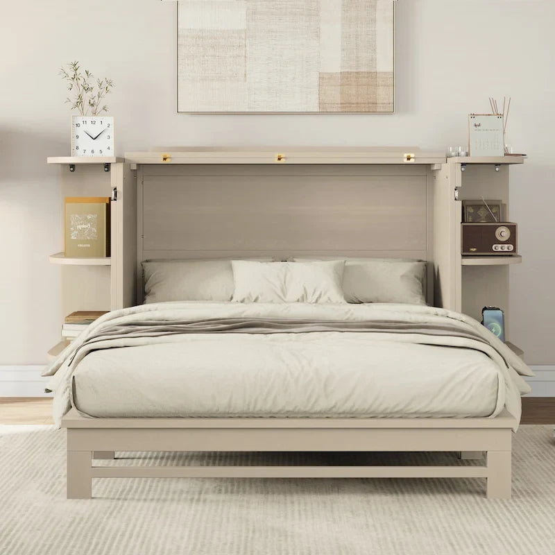 Lit escamotable de ferme, lit pliant plateforme, lit escamotable convertible de style commode/cube avec étagères incurvées et station de recharge