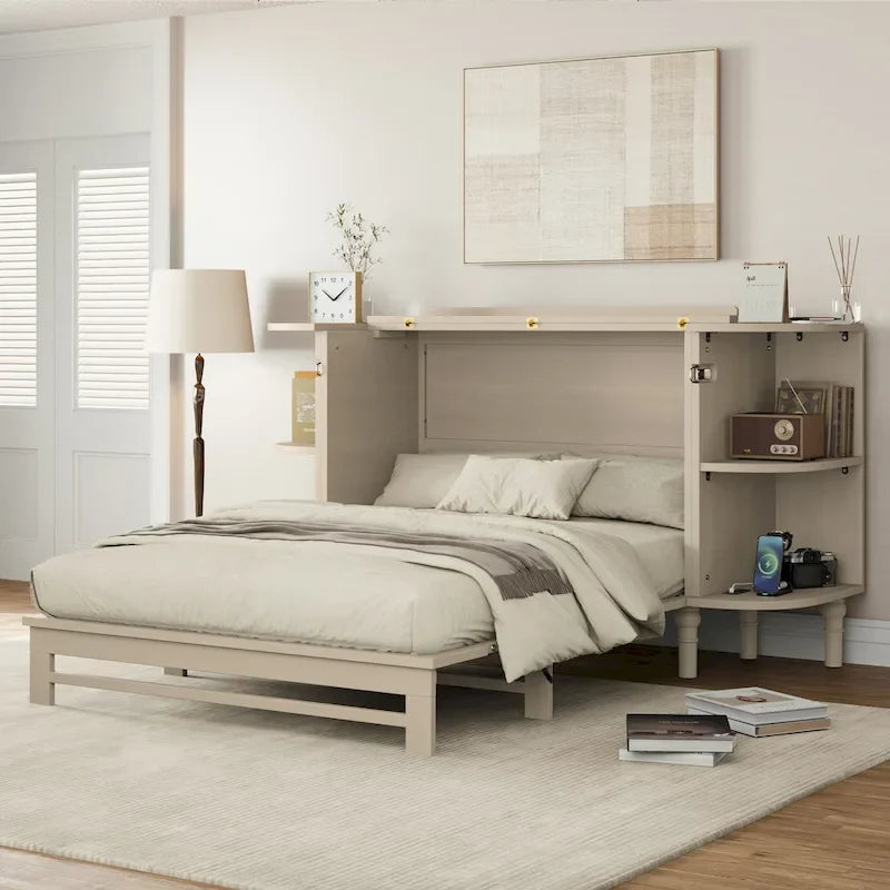 Lit escamotable de ferme, lit pliant plateforme, lit escamotable convertible de style commode/cube avec étagères incurvées et station de recharge