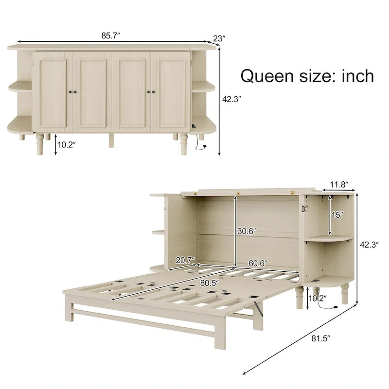 Lit escamotable de ferme, lit pliant plateforme, lit escamotable convertible de style commode/cube avec étagères incurvées et station de recharge