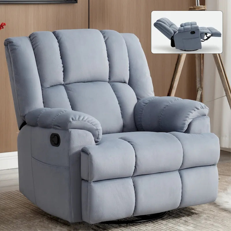 Fauteuil inclinable vert surdimensionné en tissu avec pivotement à 360°, fonction bascule et commandes manuelles pour un confort maximal
