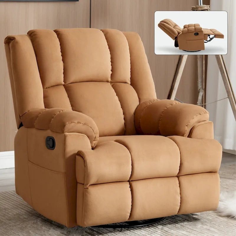 Fauteuil inclinable vert surdimensionné en tissu avec pivotement à 360°, fonction bascule et commandes manuelles pour un confort maximal