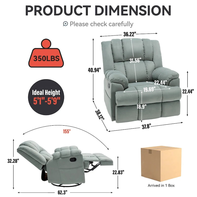 Fauteuil inclinable vert surdimensionné en tissu avec pivotement à 360°, fonction bascule et commandes manuelles pour un confort maximal