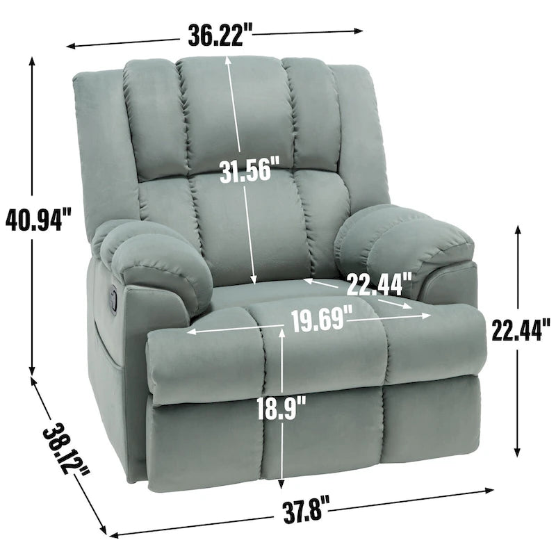Fauteuil inclinable vert surdimensionné en tissu avec pivotement à 360°, fonction bascule et commandes manuelles pour un confort maximal