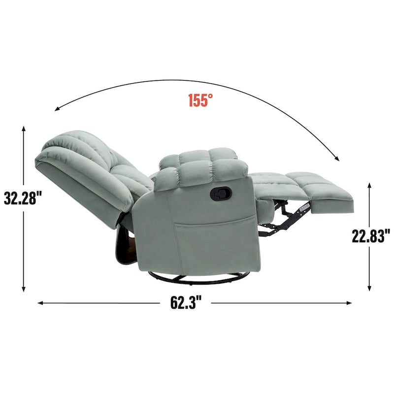 Fauteuil inclinable vert surdimensionné en tissu avec pivotement à 360°, fonction bascule et commandes manuelles pour un confort maximal