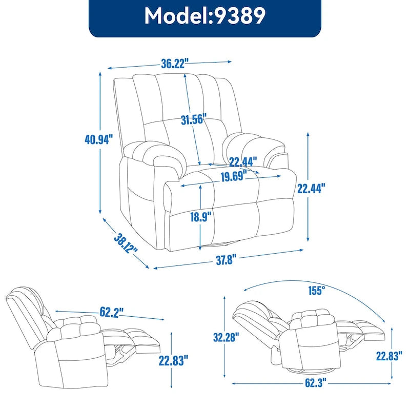 Fauteuil inclinable vert surdimensionné en tissu avec pivotement à 360°, fonction bascule et commandes manuelles pour un confort maximal