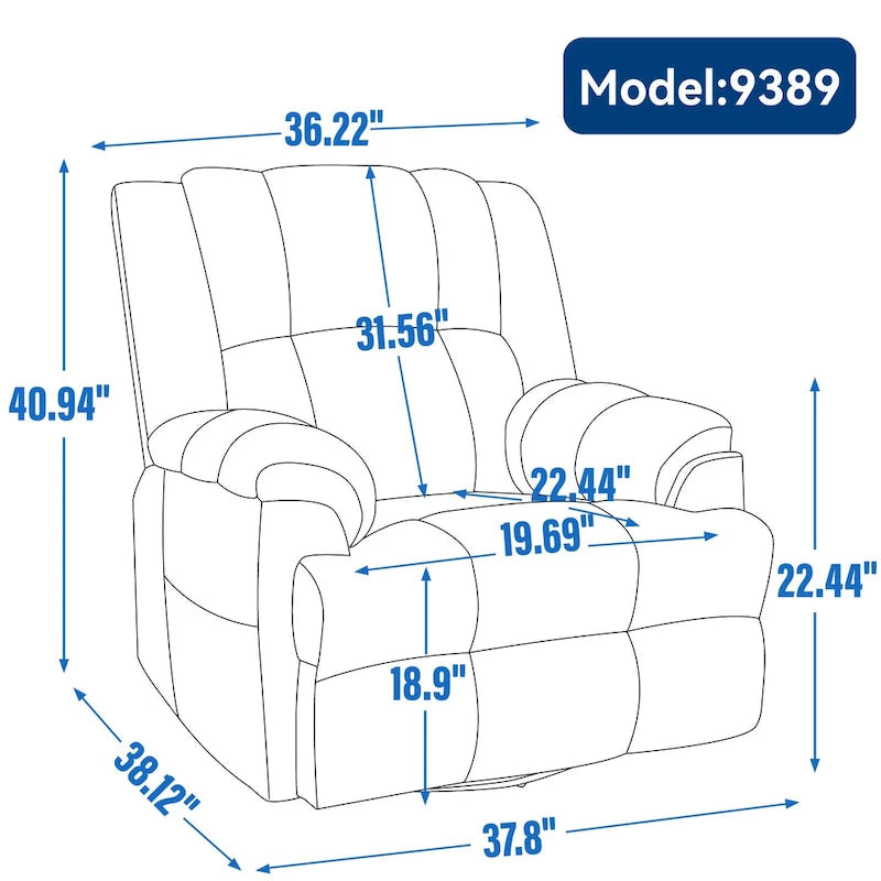 Fauteuil inclinable vert surdimensionné en tissu avec pivotement à 360°, fonction bascule et commandes manuelles pour un confort maximal
