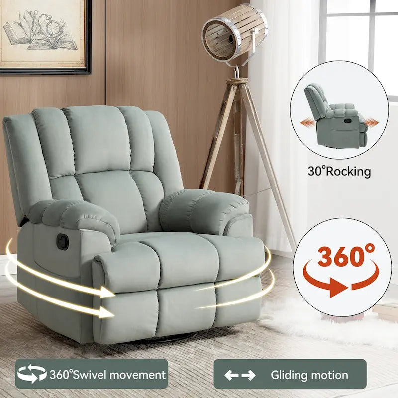 Fauteuil inclinable vert surdimensionné en tissu avec pivotement à 360°, fonction bascule et commandes manuelles pour un confort maximal