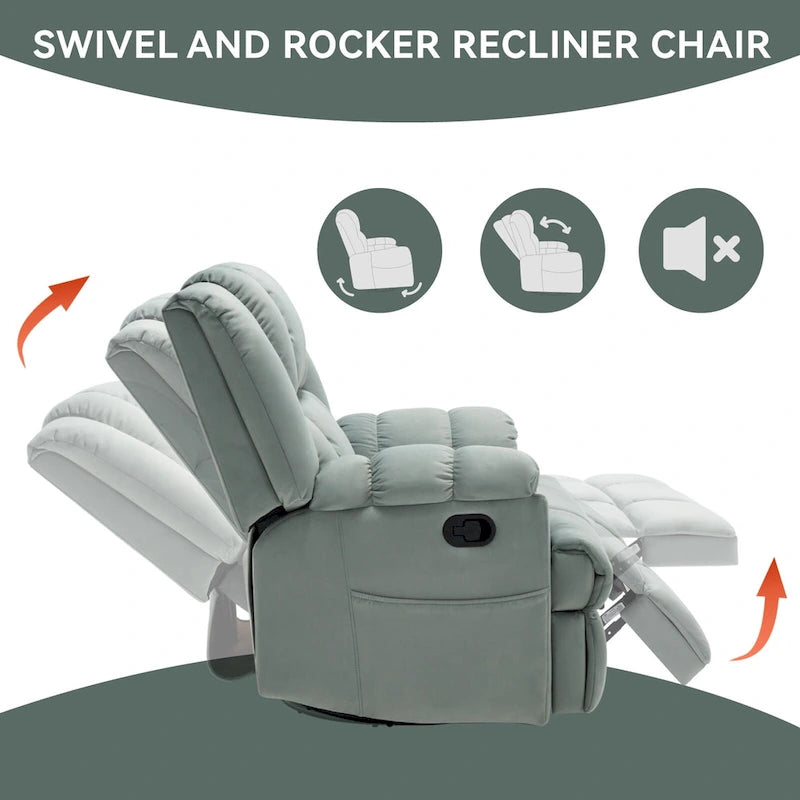 Fauteuil inclinable vert surdimensionné en tissu avec pivotement à 360°, fonction bascule et commandes manuelles pour un confort maximal