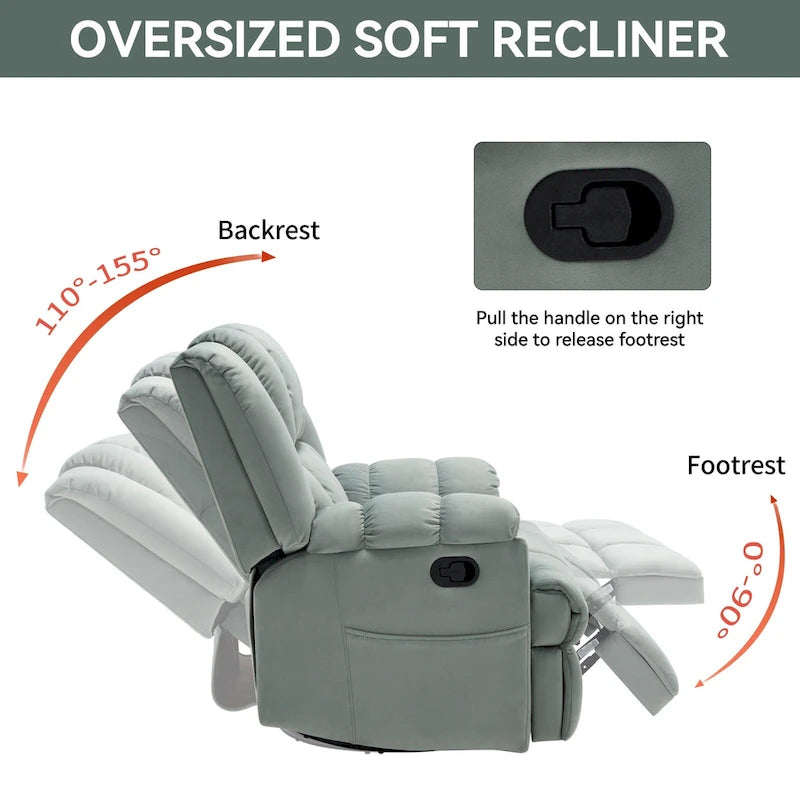 Fauteuil inclinable vert surdimensionné en tissu avec pivotement à 360°, fonction bascule et commandes manuelles pour un confort maximal