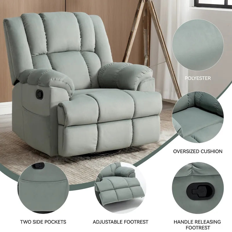 Fauteuil inclinable vert surdimensionné en tissu avec pivotement à 360°, fonction bascule et commandes manuelles pour un confort maximal