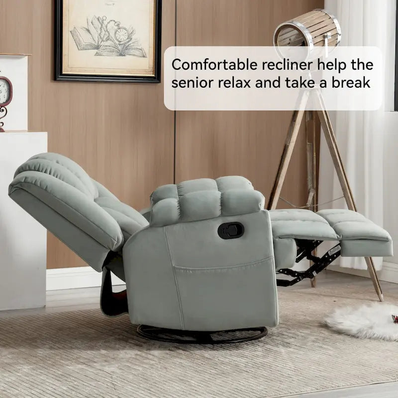 Fauteuil inclinable vert surdimensionné en tissu avec pivotement à 360°, fonction bascule et commandes manuelles pour un confort maximal
