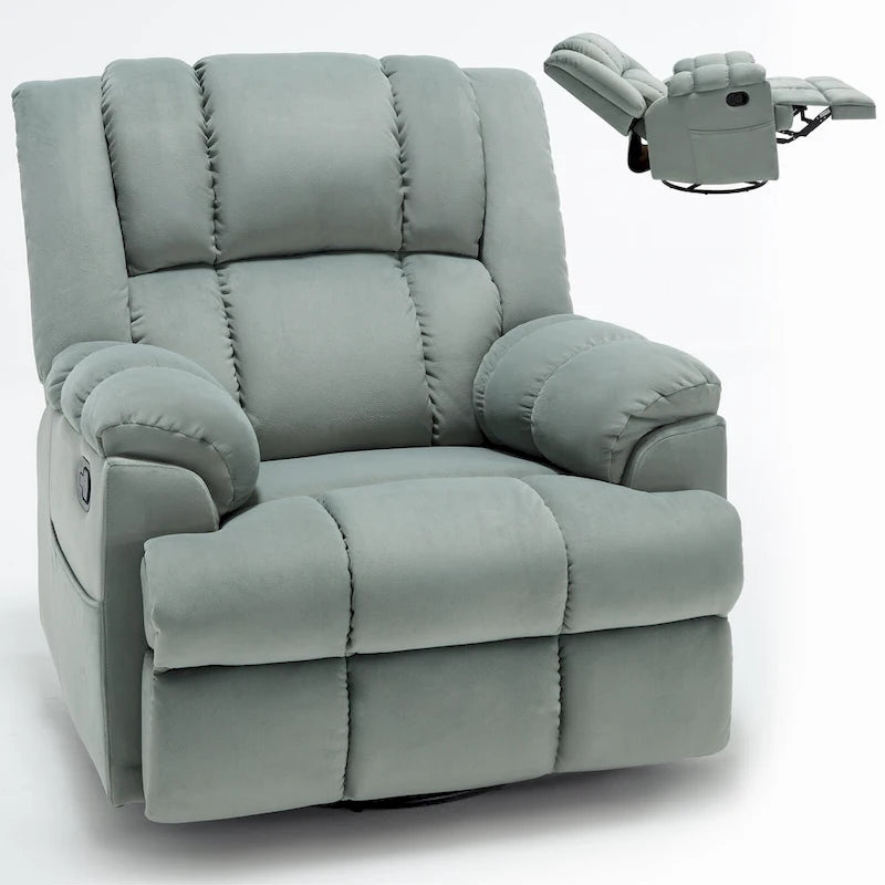 Fauteuil inclinable vert surdimensionné en tissu avec pivotement à 360°, fonction bascule et commandes manuelles pour un confort maximal