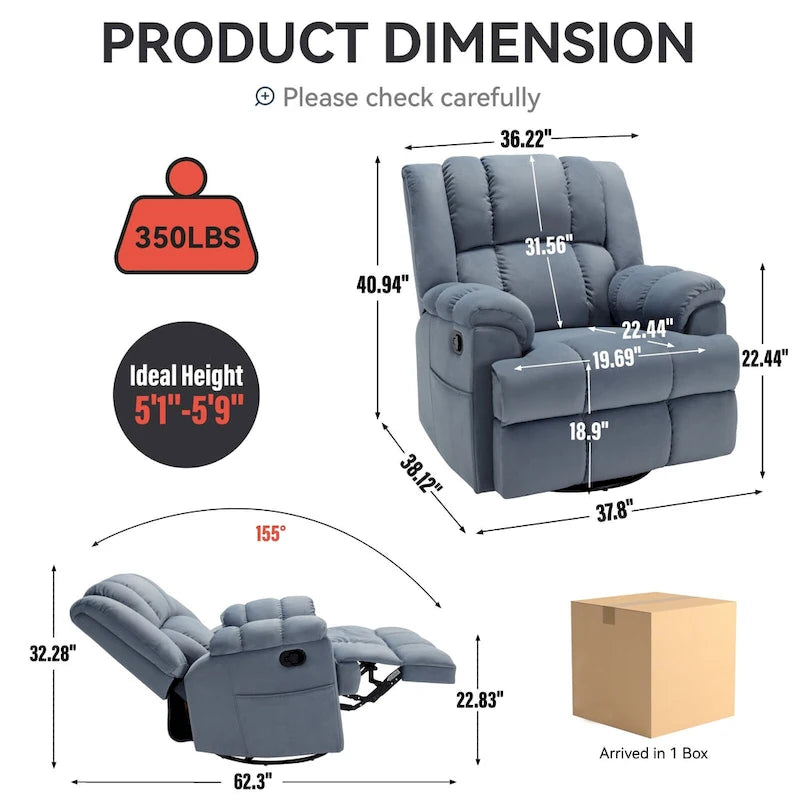 Fauteuil inclinable vert surdimensionné en tissu avec pivotement à 360°, fonction bascule et commandes manuelles pour un confort maximal