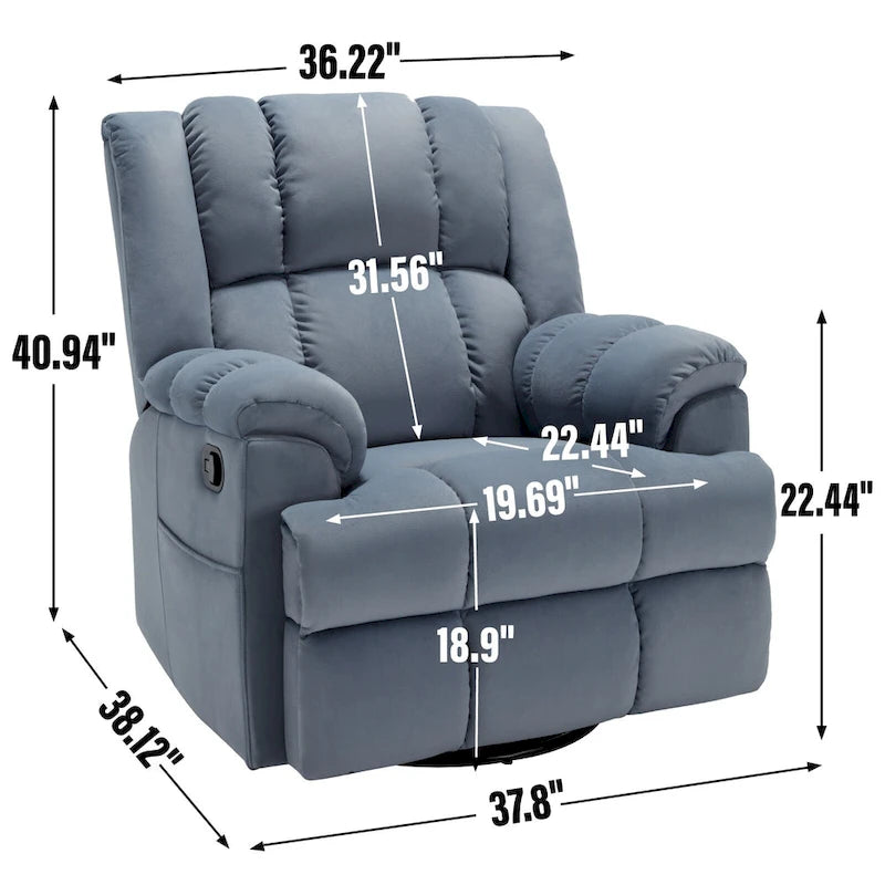 Fauteuil inclinable vert surdimensionné en tissu avec pivotement à 360°, fonction bascule et commandes manuelles pour un confort maximal