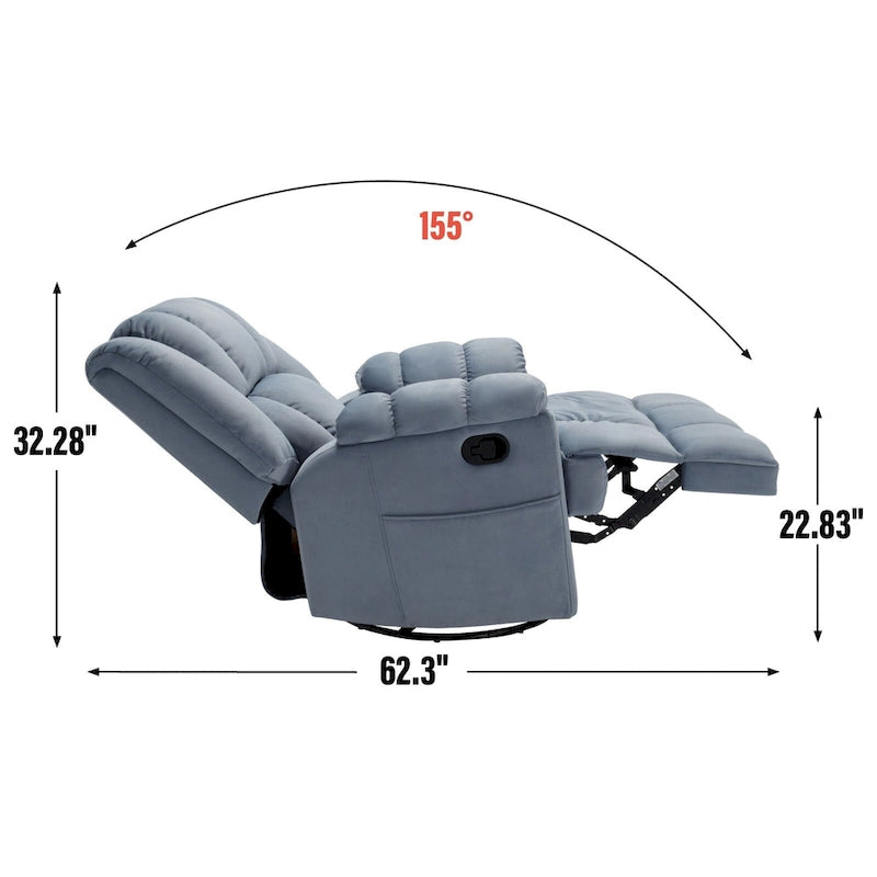 Fauteuil inclinable vert surdimensionné en tissu avec pivotement à 360°, fonction bascule et commandes manuelles pour un confort maximal