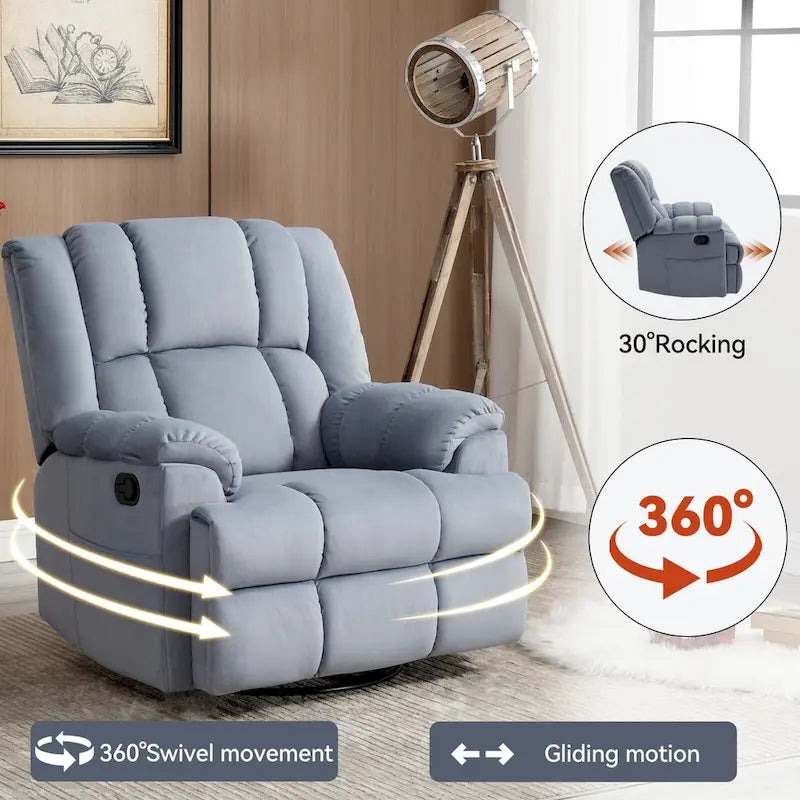 Fauteuil inclinable vert surdimensionné en tissu avec pivotement à 360°, fonction bascule et commandes manuelles pour un confort maximal