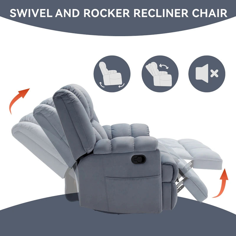 Fauteuil inclinable vert surdimensionné en tissu avec pivotement à 360°, fonction bascule et commandes manuelles pour un confort maximal