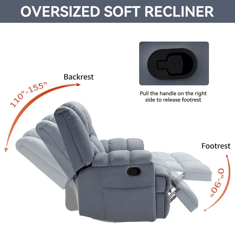 Fauteuil inclinable vert surdimensionné en tissu avec pivotement à 360°, fonction bascule et commandes manuelles pour un confort maximal