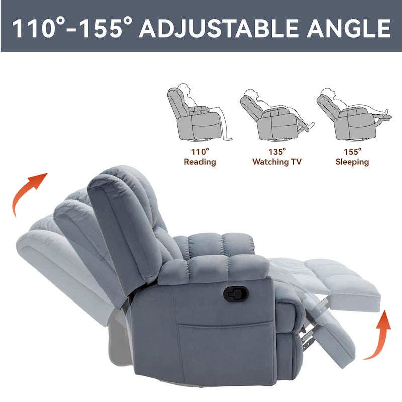 Fauteuil inclinable vert surdimensionné en tissu avec pivotement à 360°, fonction bascule et commandes manuelles pour un confort maximal