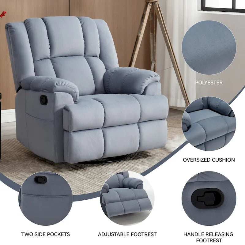 Fauteuil inclinable vert surdimensionné en tissu avec pivotement à 360°, fonction bascule et commandes manuelles pour un confort maximal