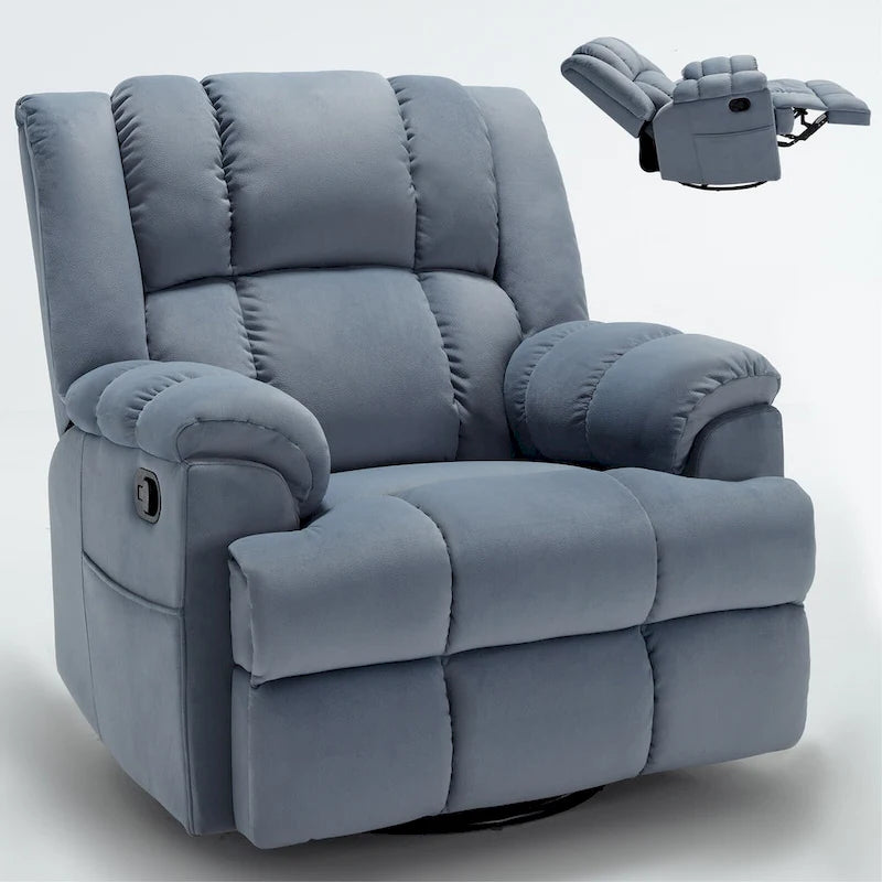 Fauteuil inclinable vert surdimensionné en tissu avec pivotement à 360°, fonction bascule et commandes manuelles pour un confort maximal