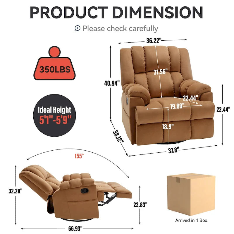 Fauteuil inclinable vert surdimensionné en tissu avec pivotement à 360°, fonction bascule et commandes manuelles pour un confort maximal