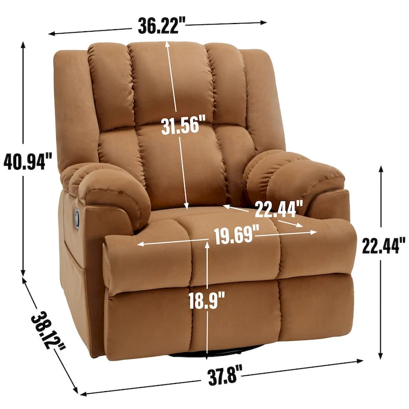 Fauteuil inclinable vert surdimensionné en tissu avec pivotement à 360°, fonction bascule et commandes manuelles pour un confort maximal