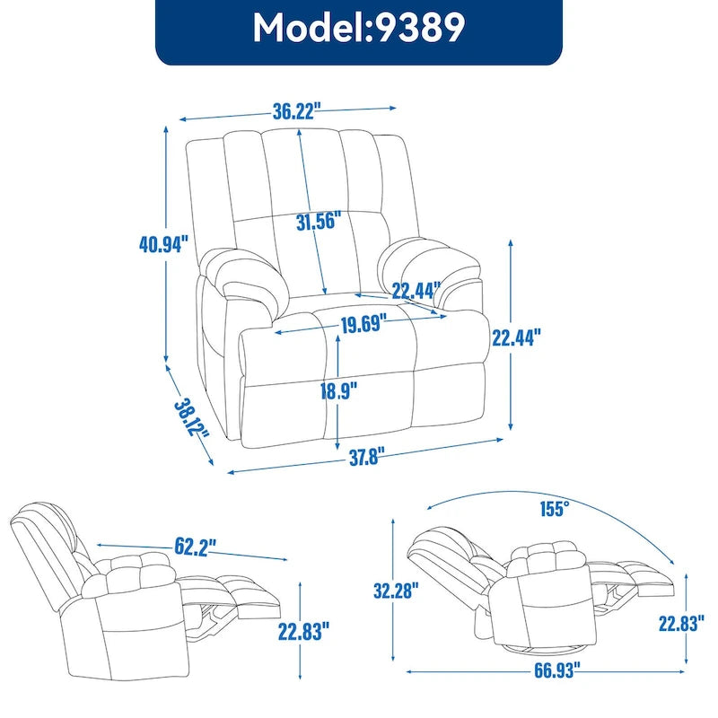 Fauteuil inclinable vert surdimensionné en tissu avec pivotement à 360°, fonction bascule et commandes manuelles pour un confort maximal