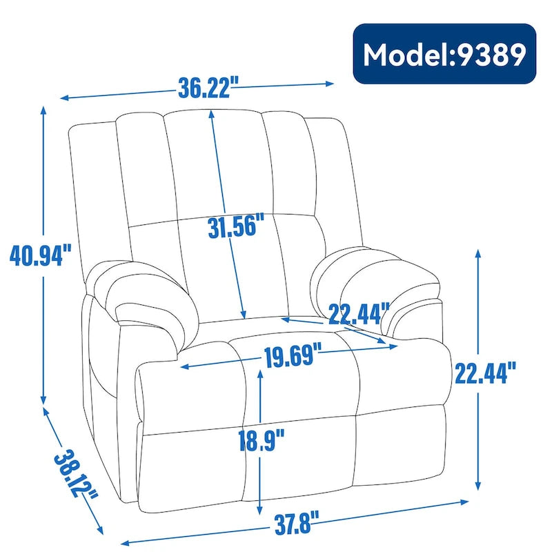 Fauteuil inclinable vert surdimensionné en tissu avec pivotement à 360°, fonction bascule et commandes manuelles pour un confort maximal