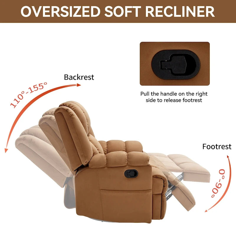 Fauteuil inclinable vert surdimensionné en tissu avec pivotement à 360°, fonction bascule et commandes manuelles pour un confort maximal
