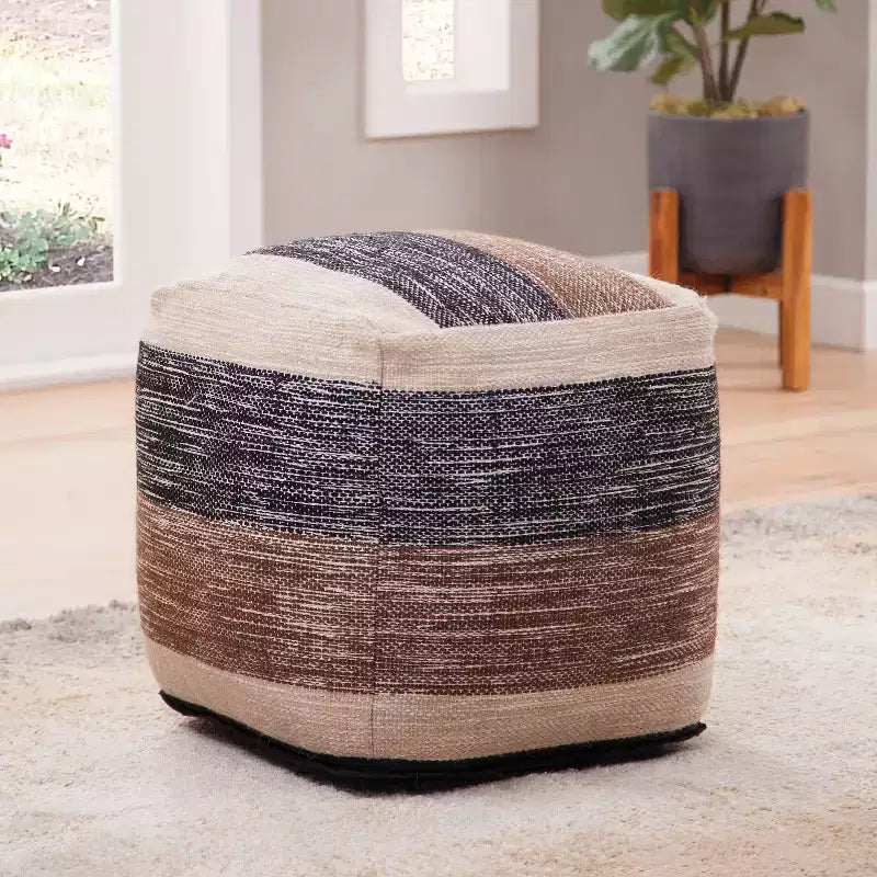 Jamal Square Handwoven Pouf Beige/Brown/Black - Steve Silver Co.