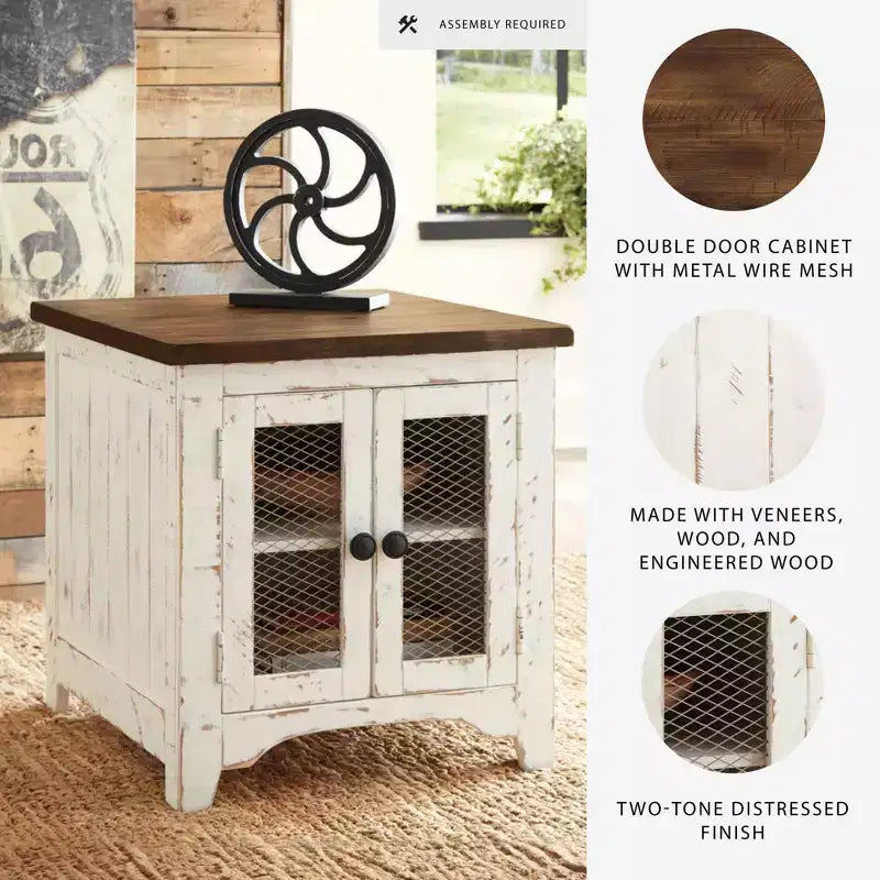 Table d'appoint Blanc/Marron - Signature Design by Style moderne avec rangement, pieds en bois et portes doubles
