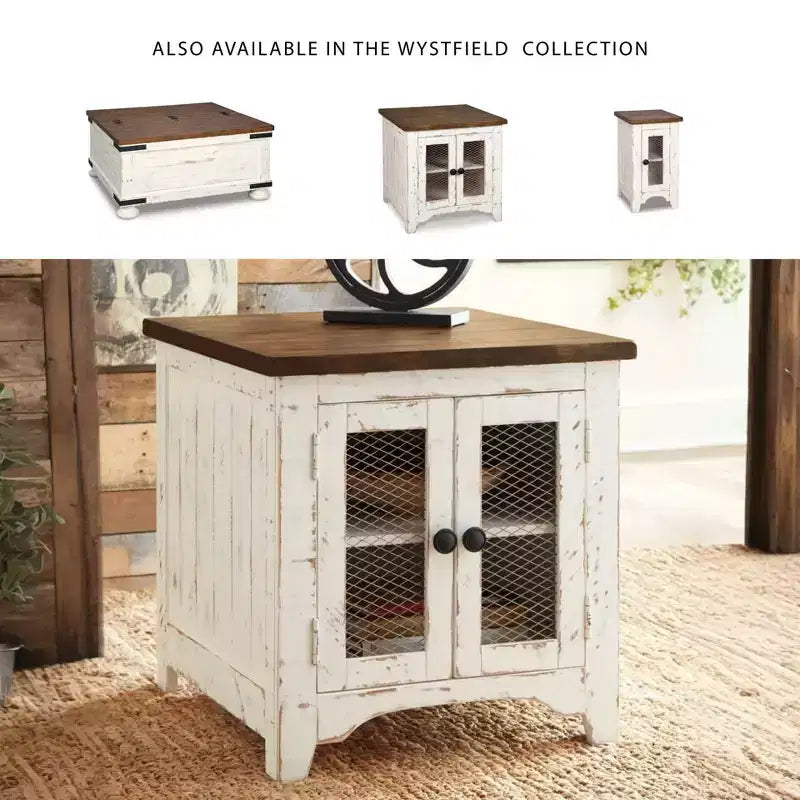 Table d'appoint Blanc/Marron - Signature Design by Style moderne avec rangement, pieds en bois et portes doubles