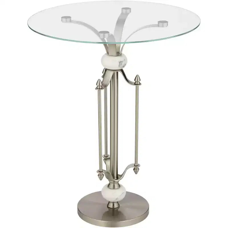 Studio 55D Monique Modern Metal Round Accent Table 20 Wide Brushed Nickel Clear Glass Tray Marble Accents for Living Room Bedroom Bedside Entryway