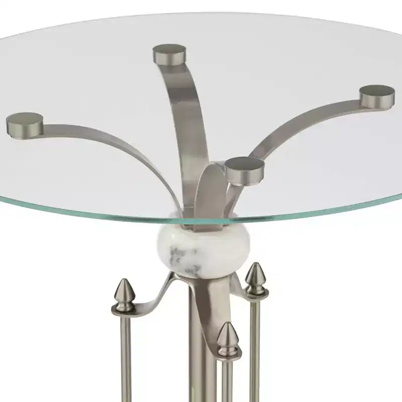 Table d'appoint ronde moderne en métal, 20 po de large, nickel brossé, plateau en verre transparent, accents en marbre pour salon, chambre, chevet, entrée