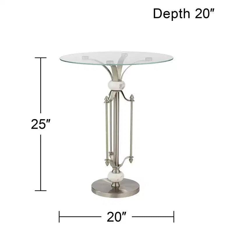 Table d'appoint ronde moderne en métal, 20 po de large, nickel brossé, plateau en verre transparent, accents en marbre pour salon, chambre, chevet, entrée