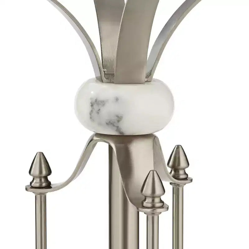 Table d'appoint ronde moderne en métal, 20 po de large, nickel brossé, plateau en verre transparent, accents en marbre pour salon, chambre, chevet, entrée