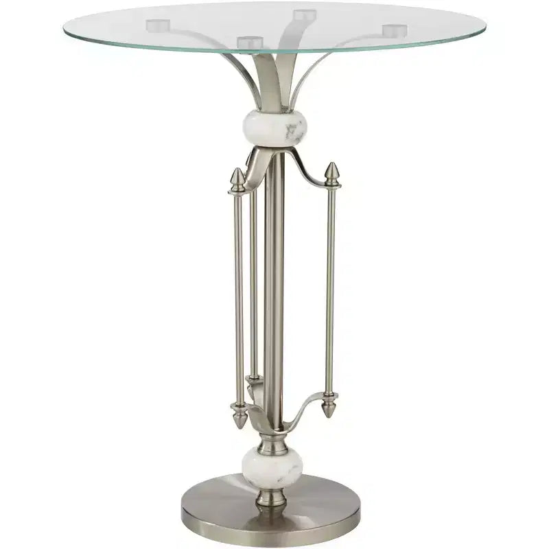 Table d'appoint ronde moderne en métal, 20 po de large, nickel brossé, plateau en verre transparent, accents en marbre pour salon, chambre, chevet, entrée