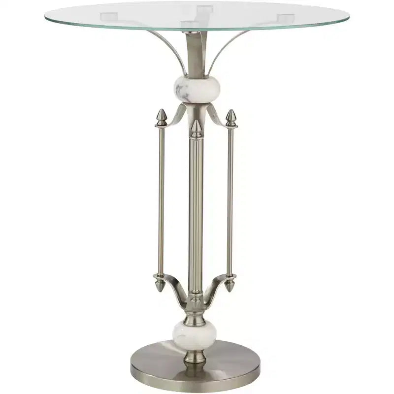 Table d'appoint ronde moderne en métal, 20 po de large, nickel brossé, plateau en verre transparent, accents en marbre pour salon, chambre, chevet, entrée