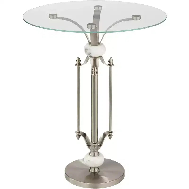 Table d'appoint ronde moderne en métal, 20 po de large, nickel brossé, plateau en verre transparent, accents en marbre pour salon, chambre, chevet, entrée
